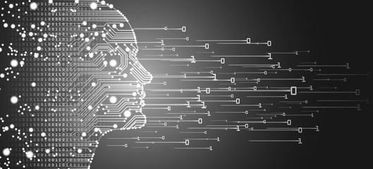 Big data and artificial intelligence concept. Machine learning and cyber mind domination concept in form of men face outline outline with circuit board and binary data flow on silver background.