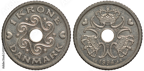 Fotografia Denmark Danish coin 1 one krone 1994, central hole surrounded by wavy pattern, t