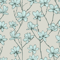  Seamless pattern. Almond blossom branches. Vintage botanical hand drawn illustration. Spring flowers of apple or cherry tree.