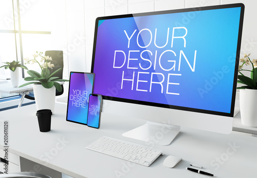 Download Desktop Computer, Tablet and Smartphone on Desk Mockup ...