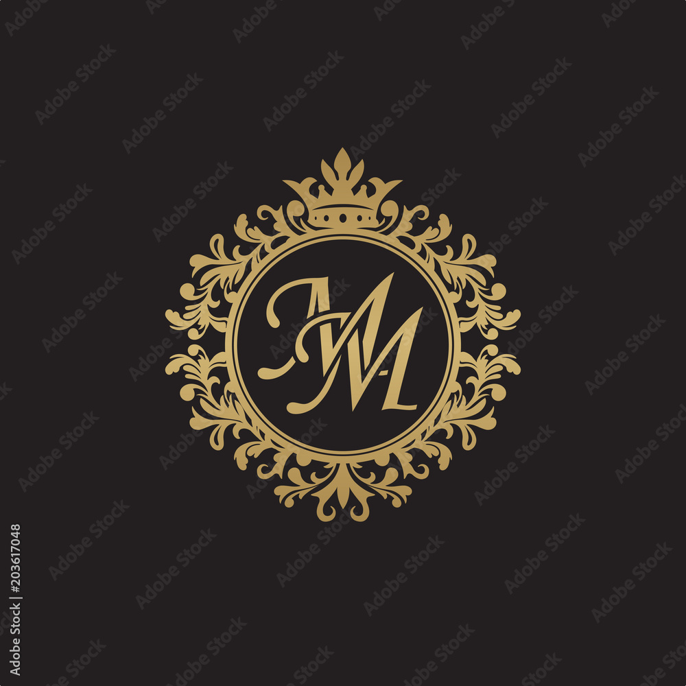 Initial letter MM, overlapping monogram logo, decorative ornament badge, elegant luxury golden color - obrazy, fototapety, plakaty 