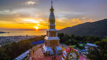 Aerial View Beautiful Phra That Phanom Pagoda In Doi Thepnimith Temple On Patong Hilltop. On Doi Thepnimit Temple Is The Highest Hill You Can See Patong Panorama View