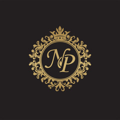 Initial letter NP, overlapping monogram logo, decorative ornament badge, elegant luxury golden color