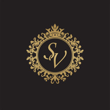 Initial Letter SV, Overlapping Monogram Logo, Decorative Ornament Badge, Elegant Luxury Golden Color