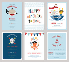 Birthday Boy Invitation Cards Set. Little Bunny And Octopus Pirates, Cartoon Shark And Decorative Skull.