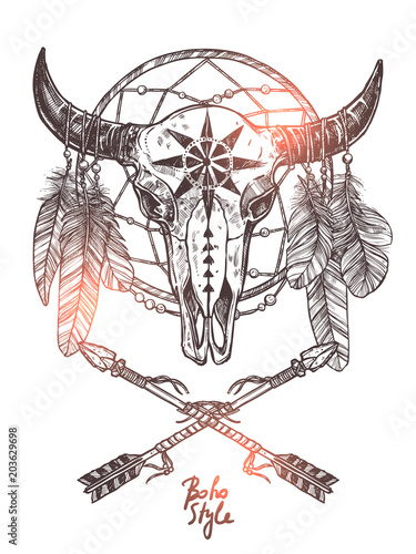 czaszka-byka-z-lapaczem-snow-styl-indianski-rogi-byka-boho