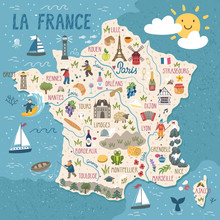Vector Stylized Map Of France. Travel Illustration With French Landmarks, People, Food And Animals.