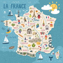 Vector stylized map of France. Travel illustration with french landmarks, people, food and animals.