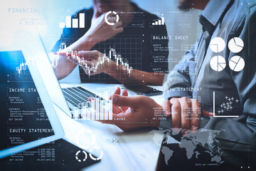 Poster - Business team meeting. Photo professional investor working new start up project. Finance task.Digital tablet docking keyboard laptop computer smart phone using, filter film effect