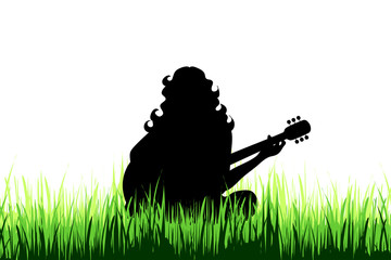 Canvas Print - Vector silhouette of girl who playing the guitar on a meadow on white background.