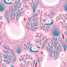 Vector Seamless Pattern With Swans And Flowers. Pink Repeated Texture With Birds And Water Plants. Natural Background With Cartoon Characters.