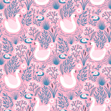 Vector Seamless Pattern With Swans And Flowers. Pink Repeated Texture With Birds And Water Plants. Cute Background For Wrapping Paper, Fabric Designs.