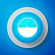 White Fuel gauge icon isolated on blue background. Full tank. Circle blue button with white line. Vector Illustration