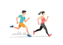 Healthy Lifestyle Vector Illustration. Young People Jogging And Exercising.