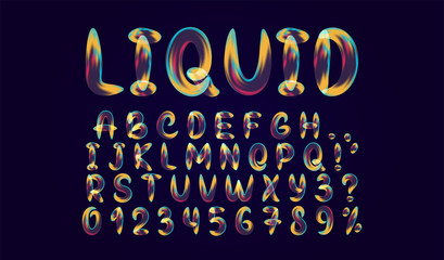 Wall Mural - fluid colored letter. alphabet font of melting liquid. design 3d sign isolated on black background.