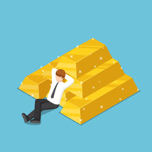 Isometric Businessman Resting With The Pile Of Gold Bar.