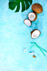 Wall Mural - Coconut drink summer concept, from above view, space for a text