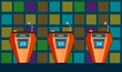 © Igor - Quiz game with three tables with colorful flat cartoon background. Quiz brainy game.