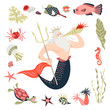 Cartoon triton surrounded by tropical fish, animal, seaweed and corals. Fairy tale character.  Sea life. Set of cute isolated vector illustrations on white background