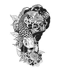 Sticker - Carp fish and chrysanthemum tattoo by hand drawing.Tattoo art highly detailed in line art style.