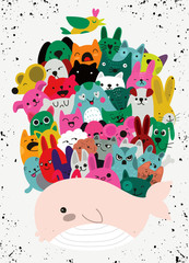 Vector illustration of Doodle cute animal group on whale back