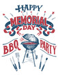 Happy Memorial Day, Barbecue party sign. Hand lettering cookout BBQ party invitation. Sketch of barbecue charcoal kettle grill with tools. Vintage typography illustration isolated on white