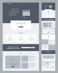 Wall Mural - One page website design template for business. Landing page wireframe. Flat modern responsive design. Ux ui website: home, advantages, features, blog, testimonials, partners, benefits, contacts, form.