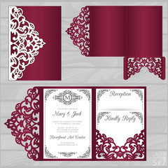 Wall Mural - Die laser cut wedding card vector template. Tri fold pocket envelope.Wedding lace invitation mockup.