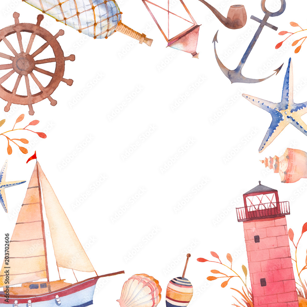 Vintage Watercolor Elements Frame In Sea Theme Hand Drawn Anchor