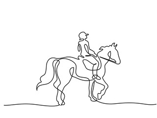 Wall Mural - continuous one line drawing. horse and rider on horseback logo. black and white vector illustration.