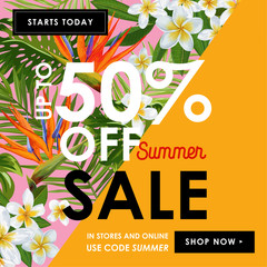 Wall Mural - Summer Sale Floral Banner. Seasonal Discount Advertising with White Plumeria Flowers. Tropical Paradise Spring Promotional Design for Poster, Flyer. Vector illustration