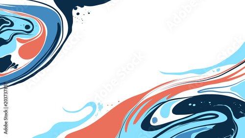 Abstract ink marbling background, painting on water style, blue and orange tones