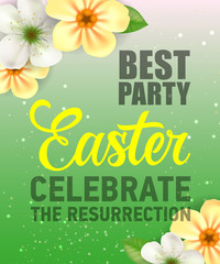 Wall Mural - Best party Easter celebrate the resurrection text with flowers on gradient green background. Greeting card, postcard, invitation. Easter holiday concept. Can be used for posters, leaflets and brochure