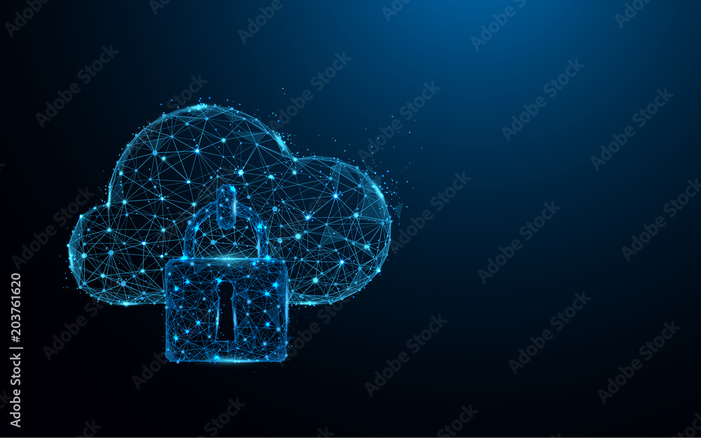 Cloud security icon form lines and triangles, point connecting network on blue background. Illustration vector - obrazy, fototapety, plakaty 