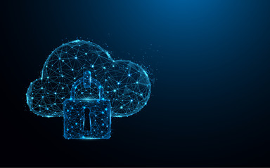 Fototapete - Cloud security icon form lines and triangles, point connecting network on blue background. Illustration vector