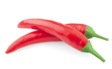 two raw red hot chilli peppers on white background, isolated, clipping path, full depth of field