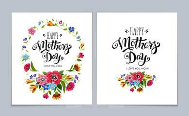  Template Happy Mother's Day cards on light blue background. Lettering Happy Mothers Day in flower frame
