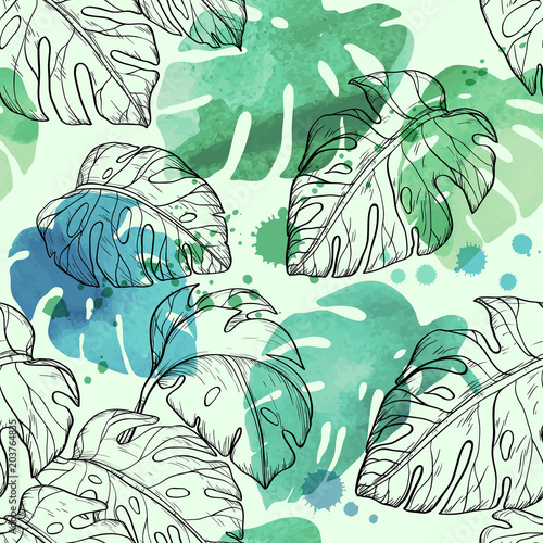 Naklejka dekoracyjna Abstract watercolor seamless leaves pattern with tropical leaves