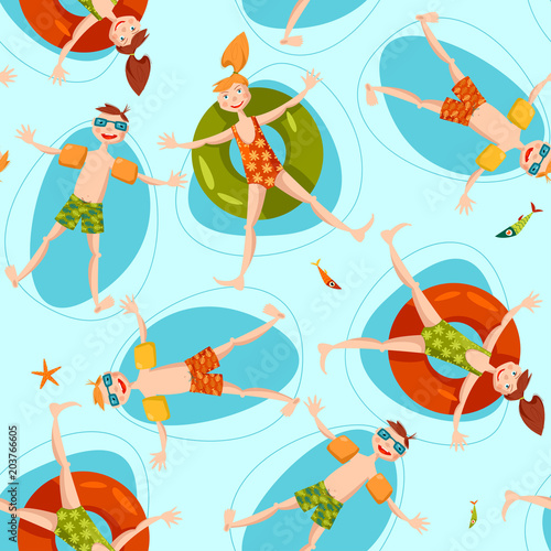 Stoffe zum Nähen Jungen tragen aufblasbare Schwimmflügel und Mädchen mit einem Schwimmer Sicherheit Gummiring im Meer zu schwimmen. Sommer. Nahtlose Hintergrundmuster.