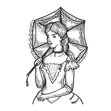 Old Fashioned Woman And Umbrella Engraving Vector