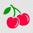 Cherry berry vector icon. Cherries illustration on on isolated transparent background. Sweet cherry healthy food.