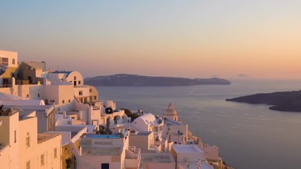 Poster - View of Thira town in Santorini Island at sundown, Greece