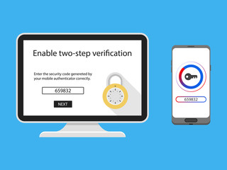 Two factor authentication with phone email security key and password login. Vector illustration muti factor authentication concept