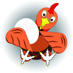 Chicken, hen or cock with big egg. Icon, logo or sign for package design of eco organic food of eggs or poultry from farm. Cartoon character to illustrate agricultural meal packing or to fun cute draw