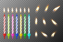 Vector 3d Realistic Different Birthday Party Colofful Wax Paraffin Burning Cake Candle And Different Flame Of A Candle Icon Set Closeup Isolated On Transparency Grid Background. Design Template
