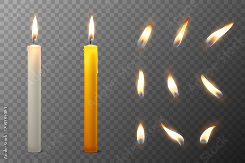 Fotomural Vector 3d realistic white and orange paraffin or wax burning party candle and different flame of a candle icon set closeup isolated on transparency grid background