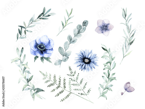 Watercolor floral greenery set. Hand drawn isolated vector illustration. Bota...