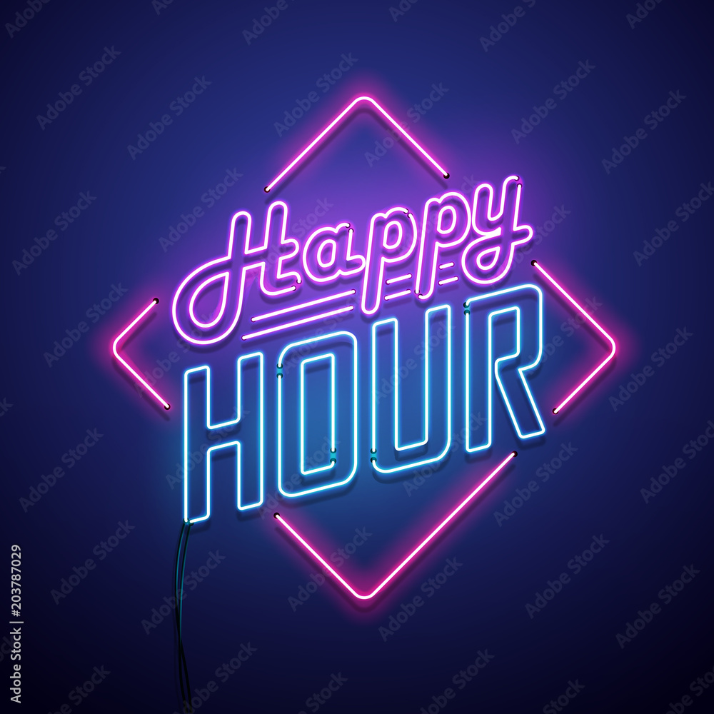 Happy hour neon sign. Vector illustration. - obrazy, fototapety, plakaty 