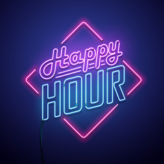 Canvas Print - Happy hour neon sign. Vector illustration.