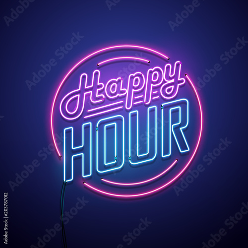 Fotomural Happy hour neon sign. Vector illustration.